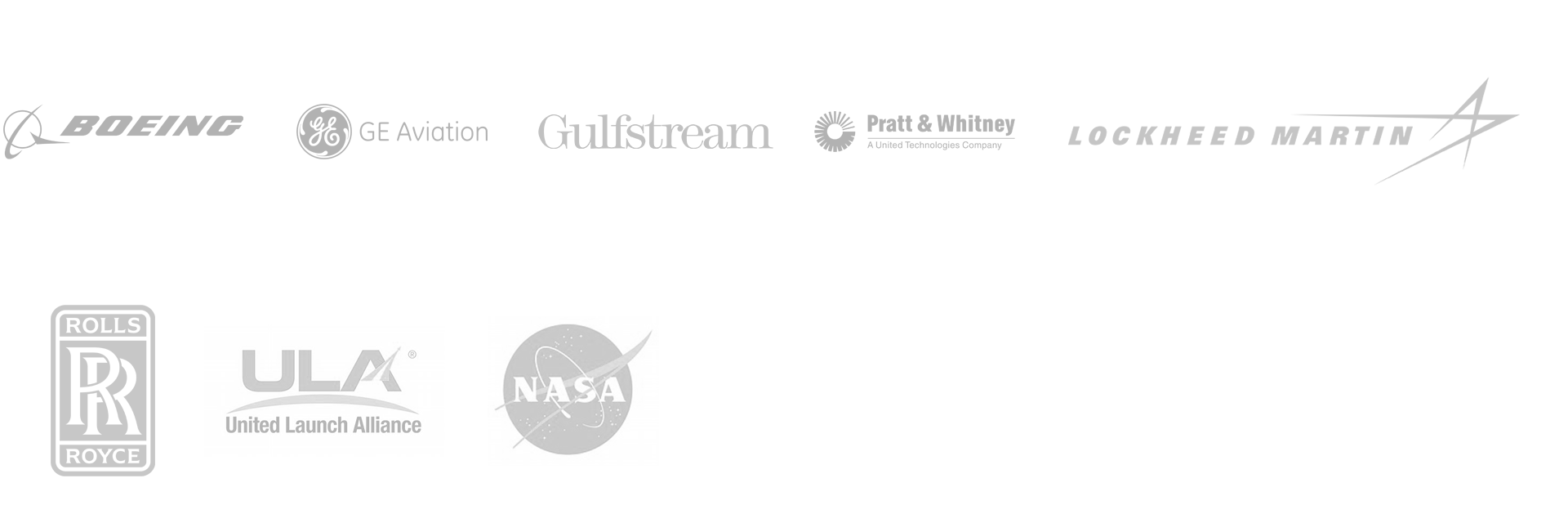 Logos of Boeing, GE Aviation, Gulfstream, Lockheed Martin, Pratt & Whitney, Rolls Royce, ULA, and NASA