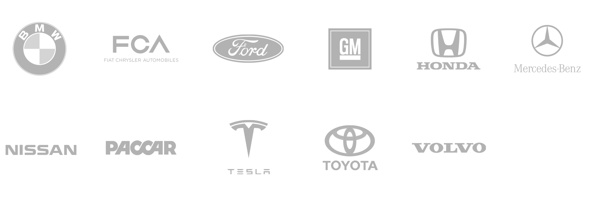 Logos of Ford, GM, Honda, Mercedes-Benz, Nissan, Paccar, Tesla, Toyota, Volvo, and BMW